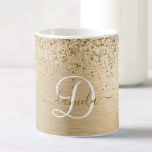 Faux Gold Brushed Metal Glitter Print Monogram Nam