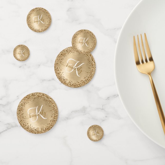 Faux Gold Brushed Metal Glitter Print Monogram Nam Confetti (Group)