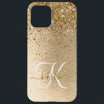 Faux Gold Brushed Metal Glitter Print Monogram Nam iPhone 12 Pro Max Case<br><div class="desc">Easily personalize this trendy chic iPhone case design featuring pretty gold sparkling glitter on a gold brushed metallic background.</div>
