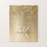 Faux Gold Brushed Metal Glitter Print Monogram Nam Jigsaw Puzzle<br><div class="desc">Easily personalize this trendy chic jigsaw puzzle design featuring pretty gold sparkling glitter on a gold brushed metallic background.</div>