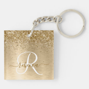 Faux Gold Brushed Metal Glitter Print Monogram Nam Keychain