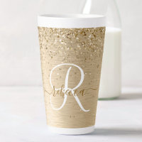 Faux Gold Brushed Metal Glitter Print Monogram Nam