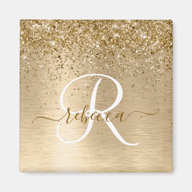 Faux Gold Brushed Metal Glitter Print Monogram Nam Magnet (Front)