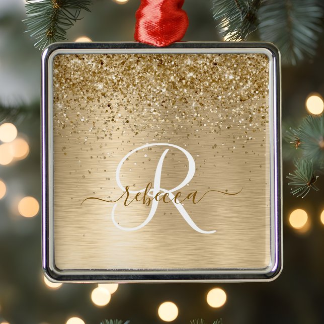 Faux Gold Brushed Metal Glitter Print Monogram Nam Metal Ornament (Creator Uploaded)