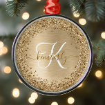 Faux Gold Brushed Metal Glitter Print Monogram Nam Metal Ornament<br><div class="desc">Easily personalize this trendy chic ornament design featuring pretty gold sparkling glitter on a gold brushed metallic background.</div>