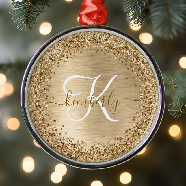 Faux Gold Brushed Metal Glitter Print Monogram Nam Metal Ornament (Creator Uploaded)