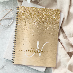 Faux Gold Brushed Metal Glitter Print Monogram Nam Notebook