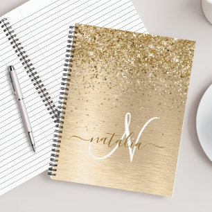 Faux Gold Brushed Metal Glitter Print Monogram Nam Notebook