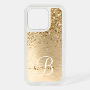 Faux Gold Brushed Metal Glitter Print Monogram Nam iPhone 15 Pro Case