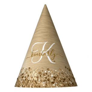 Faux Gold Brushed Metal Glitter Print Monogram Nam Party Hat