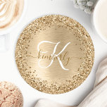 Faux Gold Brushed Metal Glitter Print Monogram Nam Round Paper Coaster<br><div class="desc">Easily personalize this trendy chic paper coaster design featuring pretty gold sparkling faux glitter on a gold brushed metallic background.</div>