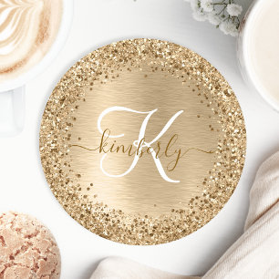 Faux Gold Brushed Metal Glitter Print Monogram Nam Round Paper Coaster
