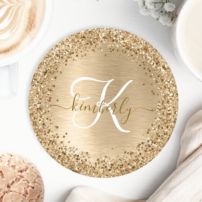 Faux Gold Brushed Metal Glitter Print Monogram Nam Round Paper Coaster (Creator Uploaded)