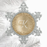 Faux Gold Brushed Metal Glitter Print Monogram Nam Snowflake Pewter Christmas Ornament<br><div class="desc">Easily personalize this trendy chic Christmas ornament design featuring pretty gold sparkling glitter on a gold brushed metallic background.</div>