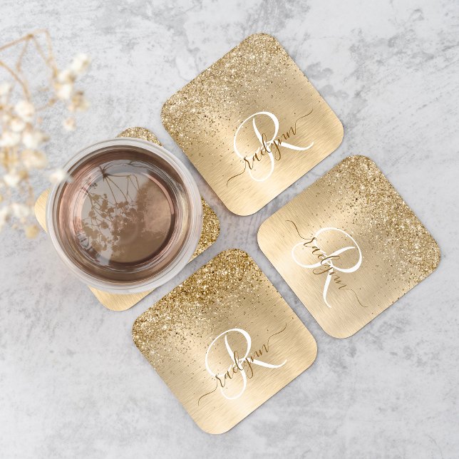 Faux Gold Brushed Metal Glitter Print Monogram Nam Square Paper Coaster (Creator Uploaded)
