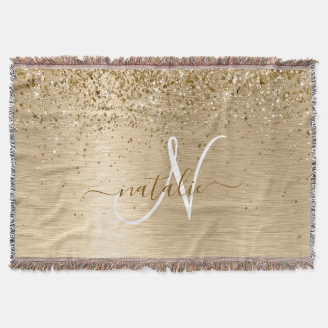 Faux Gold Brushed Metal Glitter Print Monogram Nam Throw Blanket (Front)