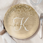 Faux Gold Brushed Metal Glitter Print Monogram Paper Plate<br><div class="desc">Easily personalize this trendy chic paper plate design featuring pretty gold sparkling glitter on a gold brushed metallic background.</div>