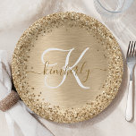 Faux Gold Brushed Metal Glitter Print Monogram Paper Plate<br><div class="desc">Easily personalize this trendy chic paper plate design featuring pretty gold sparkling glitter on a gold brushed metallic background.</div>