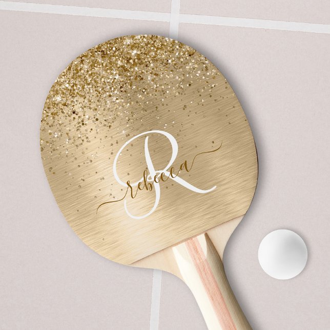 Faux Gold Brushed Metal Glitter Print Monogram Ping Pong Paddle (Creator Uploaded)