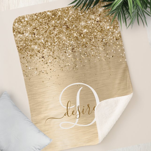 Faux Gold Brushed Metal Glitter Print Monogram Sherpa Blanket (Creator Uploaded)