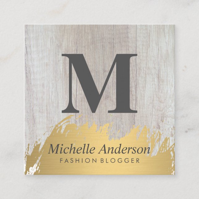Faux Gold Brushed Monogram | Wood Grain Square Business Card (Front)