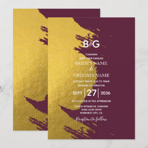 Faux Gold Brushstrokes & Burgundy with Monogram Invitation