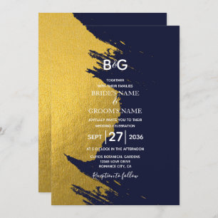 Faux Gold Brushstrokes & Navy Blue with Monogram Invitation