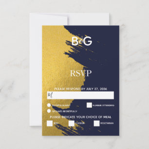 Faux Gold Brushstrokes & Navy Blue with Monogram RSVP Card
