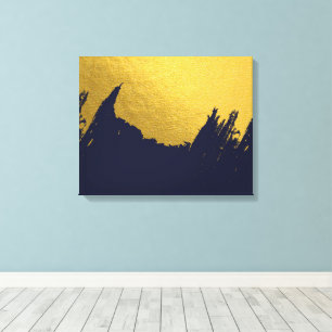 Faux Gold Brushstrokes with Navy Blue Background Canvas Print