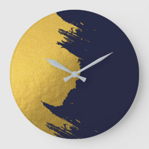 Faux Gold Brushstrokes with Navy Blue Background Large Clock