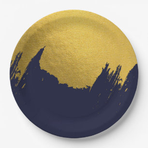 Faux Gold Brushstrokes with Navy Blue Background Paper Plate