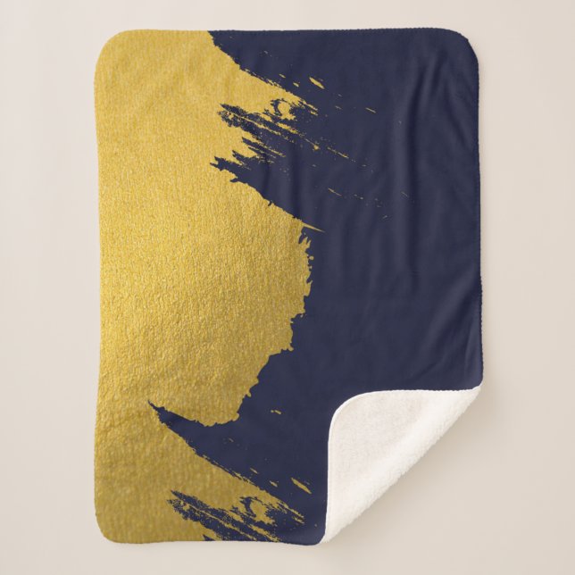 Faux Gold Brushstrokes with Navy Blue Background Sherpa Blanket (Front)