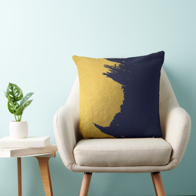 Faux Gold Brushstrokes with Navy Blue Background Throw Pillow (Chair)