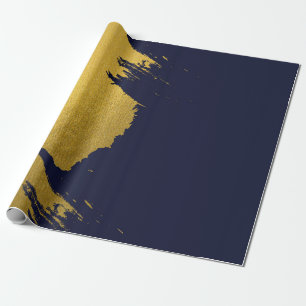 Faux Gold Brushstrokes with Navy Blue Background Wrapping Paper