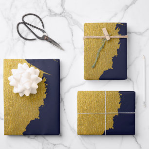 Faux Gold Brushstrokes with Navy Blue Background Wrapping Paper Sheet