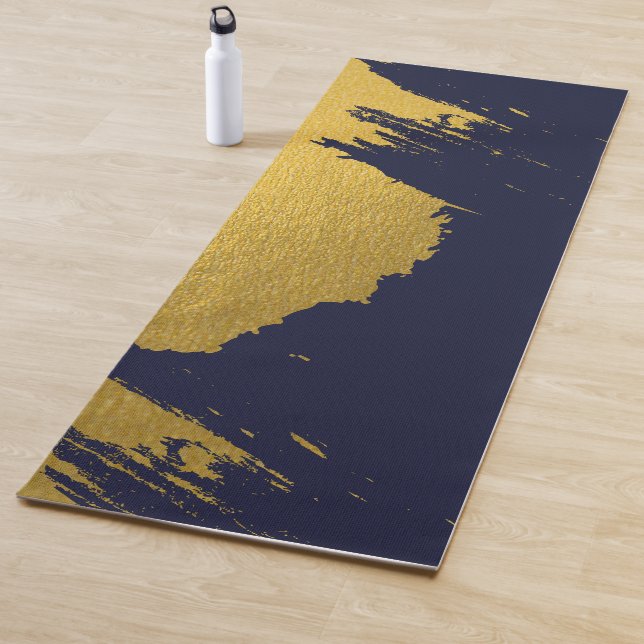 Faux Gold Brushstrokes with Navy Blue Background Yoga Mat (In Situ)