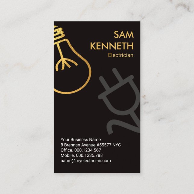 Faux Gold Bulb Grey Power Plug Electrician Business Card (Front)