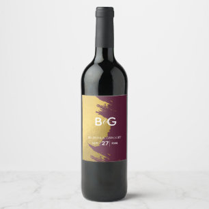 Faux Gold Burgundy, Monogram Wedding  Wine Label