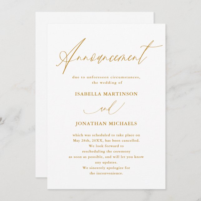 Faux Gold Calligraphy Wedding Cancellation Invitation (Front/Back)