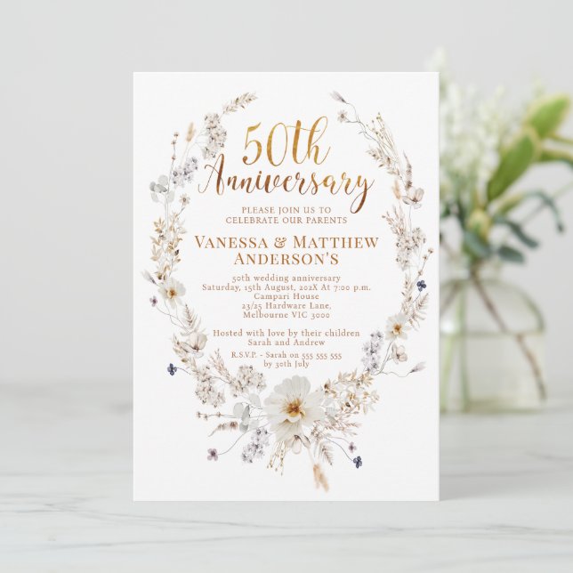 Faux Gold Calligraphy Wildflower 50th Anniversary Invitation (Standing Front)
