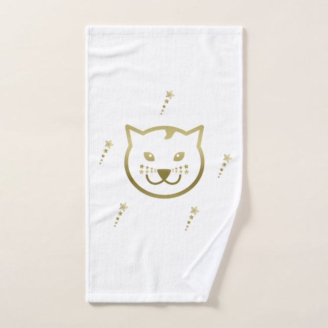 Faux Gold Cat Face - Custom Background Colour Bath Towel Set (Hand Towel)