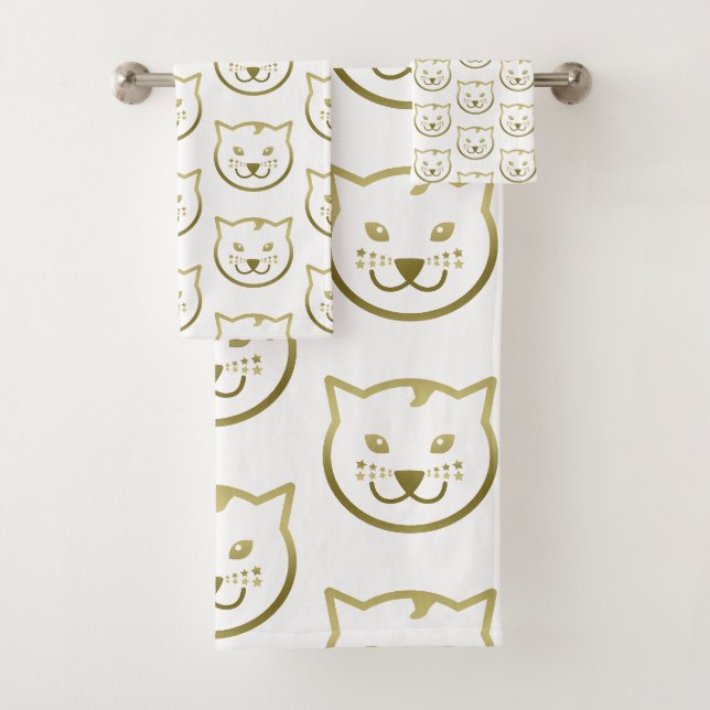 Faux Gold Cat Face - Custom Background Colour Bath Towel Set (Insitu)