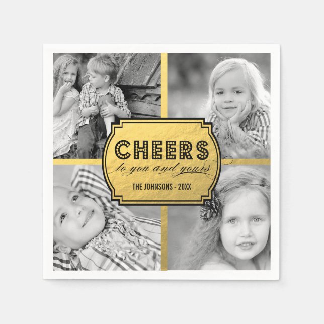 Faux Gold Cheers Collage | Holiday Photo Napkins (Front)