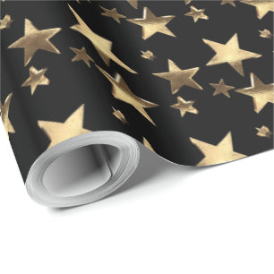 Faux Gold Christmas Stars Pattern Add Text Black Wrapping Paper