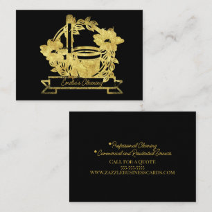 Faux Gold Cleaning Floral Broom Pail Logo Business Card