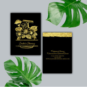 Faux Gold Cleaning Floral Script Logo  Business Card