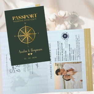 Faux Gold Compass Travel passport destination Invitation
