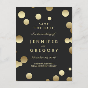 Faux Gold Confetti Black Save the Date Postcards