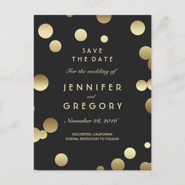 Faux Gold Confetti Black Save the Date Postcards (Front)