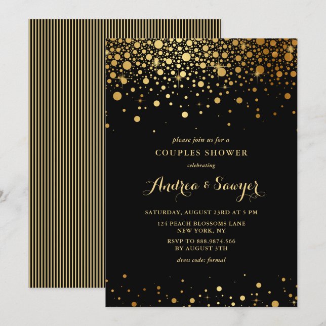 Faux Gold Confetti Dots Black Couples Shower Invitation (Front/Back)